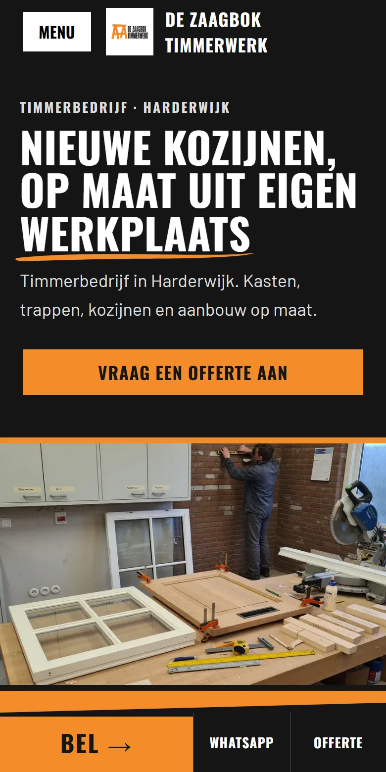 Studio Uitgesproken: een voorbeeldsite voor timmerbedrijven op een telefoon